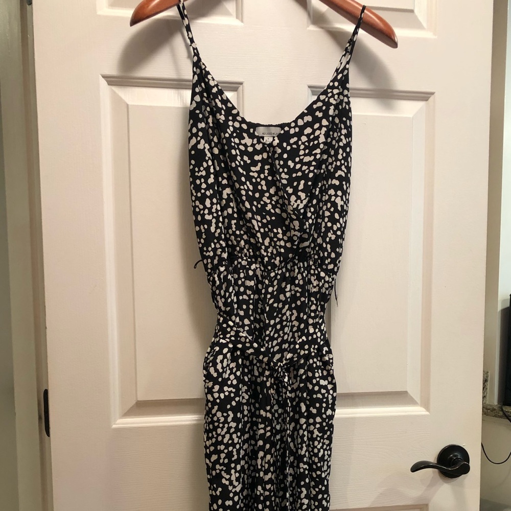 Allison Joy Black and White Dot Wide Leg Spaghetti Strap Belted Pantsuit, Size S